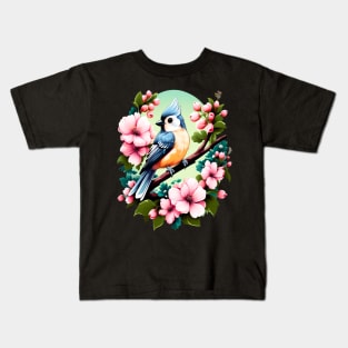 Cute Tufted Titmouse Surrounded by Vibrant Spring Flowers Kids T-Shirt